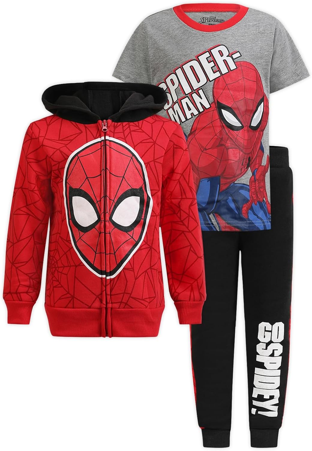 Marvel Spider-Man Boys Zip Up Hoodie, T-Shirt, and Pants Set for Toddlers and Big Kids
